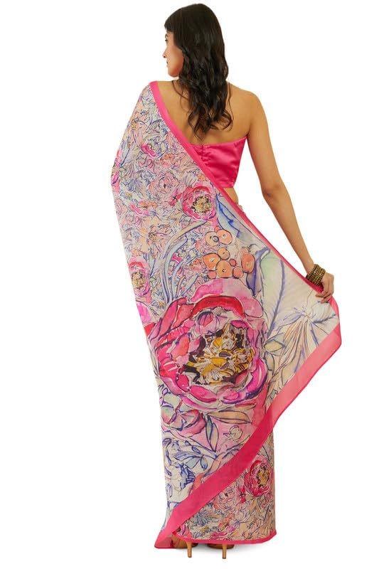 Soch Womens Pink Floral Print Crepe Saree