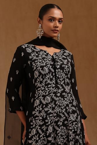 Soch Womens Black Chinon Embroidered Salwar Suit With Sequins