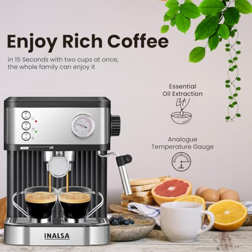 Inalsa Espresso Coffee Machine for Home, Office|15 Bar Pressure|NTC Visible temperature Control Technology With Milk Frother|Double Shot System|3in1- Espresso, Cappuccino & Latte (Espressimo 15)