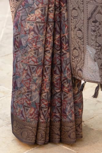 Soch Womens Grey Chanderi Geometric Print Saree