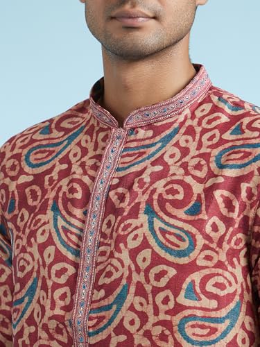 DIWAS BY MANYAVAR Men's Art Silk Printed Festive Kurta Set (2pc) (Maroon, M)