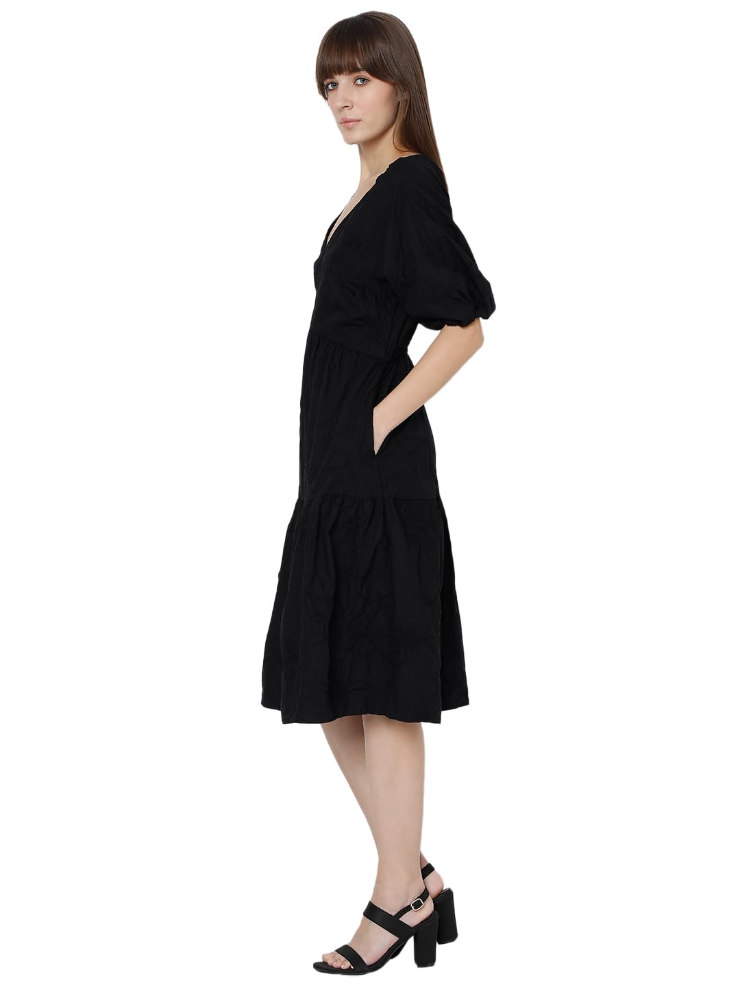 Vero Moda Women's Cotton Blend Fit and Flare Knee-Length Dress (9010103-Jet Black_Jet