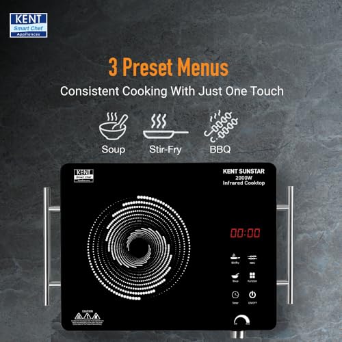 KENT Sunstar Infrared Cooktop 2000W | 3 Preset Menus | Grill Stand to BBQ & Roast | Microcrystalline Glass | Digital Functions with LED Display | Adjustable Temperature Knob | SS Handle |Auto Cut-Off