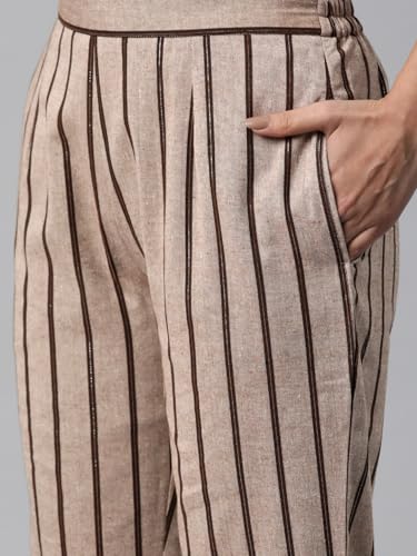 Cottinfab Women Striped Coffee Brown Notched Lapel Blazer Suit Set