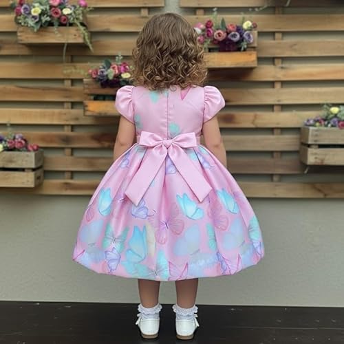 KIYOL Girls Puff Sleeve Butterfly Print Party Dress with Bow Design | Round Neck Flared Fit Kids Frock for Birthday, Wedding & Special Occasions -Pink Butterfly 5-6Y