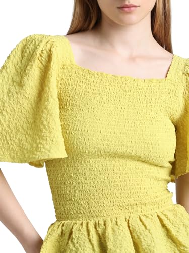 ONLY Women Self Design Polyester Blend Fit & Flare Yellow Peplum Top