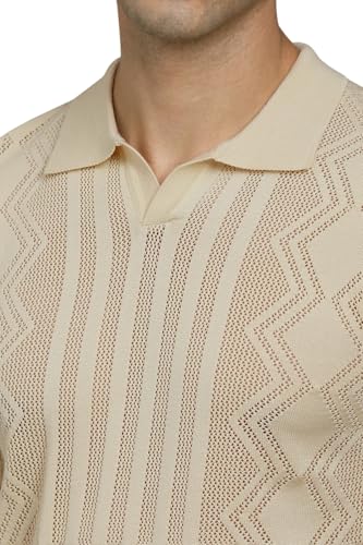 Louis Philippe Men Beige Textured Polo Neck T-Shirt