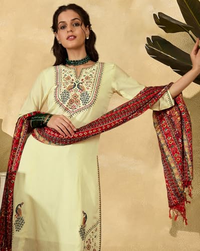 SheWill Kurta Set for Women Off White Silk Blend Zari Sequence Thread Embroidered Kurta with Pant and Dupatta
