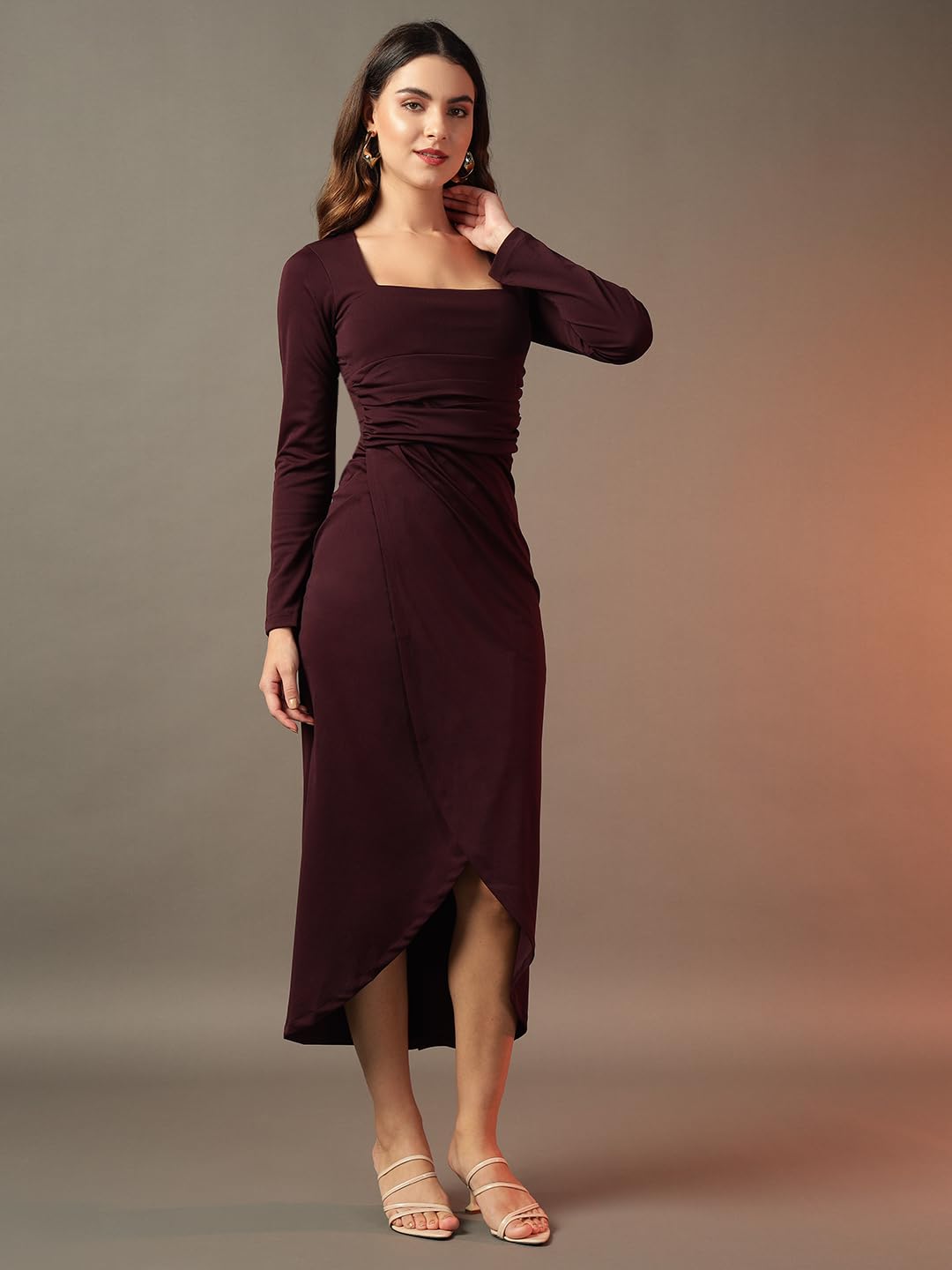 Trend Arrest.ed Women's Bodycon Midi Dress | Square Neck Wrap Style | Stretchable | Plus Size | Full Sleeve Fitted Dress for Party, Evening, Casual Outings & Date Night (D5393_Burgundy_4XL)