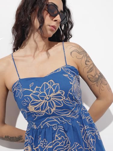 Divena Blue Shoulder Strap Poplin Cotton Midi Dress-DK2316