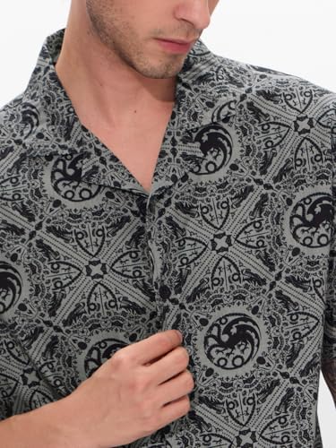 The Souled Store Official House of The Dragon: Fire Reigns Supreme Men and Boys Short Sleeves Collared Neck Button Front Grey All Over Printed Cotton Holiday Shirts