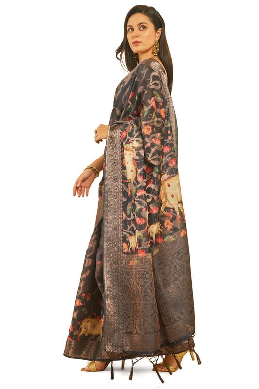 Soch Womens Black Floral Print Chanderi Jacquard Weave Saree