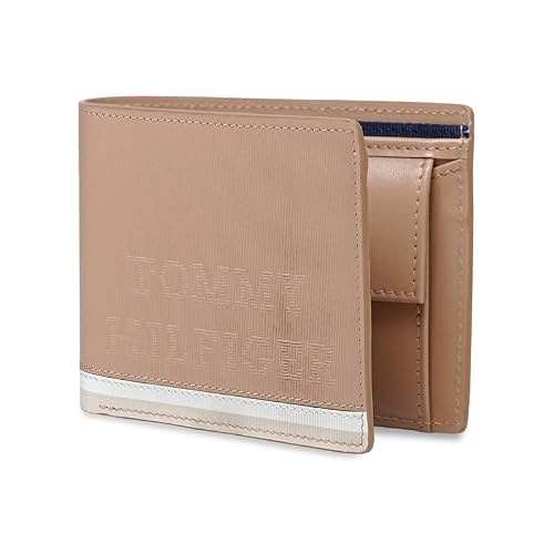Tommy Hilfiger Men's Leather Wallet Avlona | Textured Khaki+White+Beige Bi-Fold with Global Coin Pocket | Stylish Purse for Gents
