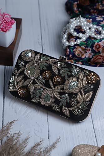 SWISNI Women's Elegant Flower Zardosi Embroiery Black Clutch | Raw Silk | 8X4 Inch Clutch Purse For Bridal, Casual, Party, Wedding, Evening, Gift