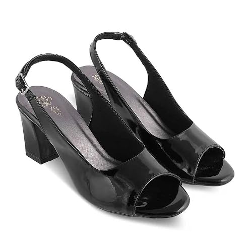 tresmode WOO Women's Block Heel Pump Sandals Black, 7 UK / 40 EU - Open Toe 3 inch Heels Footwear Soft Comfortable