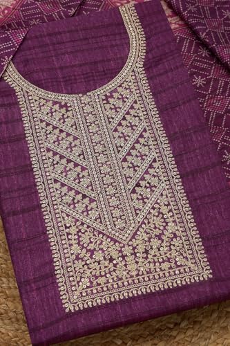 Soch Womens Wine Art Tussar Embroidered Unstitched Dress Material With Zari