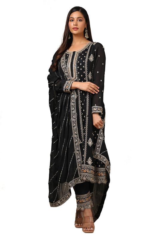 Soch Womens Black Chinon Embroidered Anarkali Suit Set With Sequins