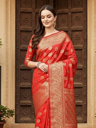 AKHILAM Women's Red Silk Blend Paisley Printed Saree With Unstitched Blouse Piece (2RAWS9032_AI)