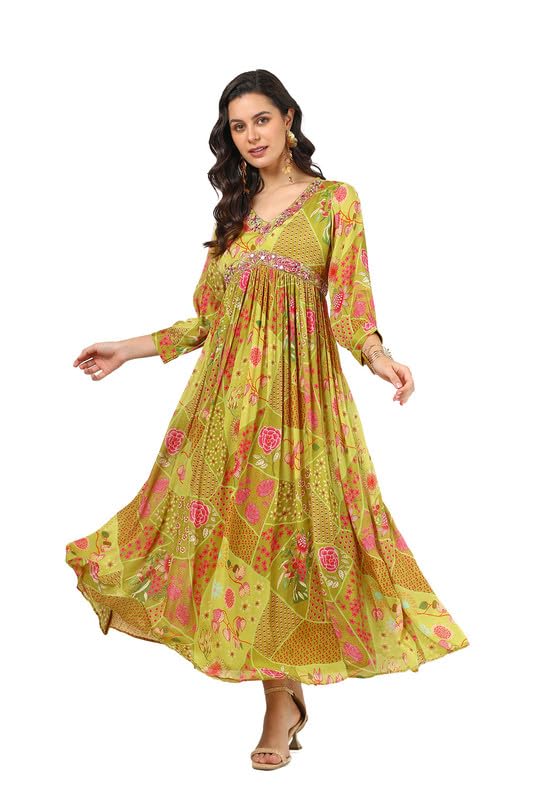 Soch Womens Green Chinon Floral Print Dress with Mirror Work