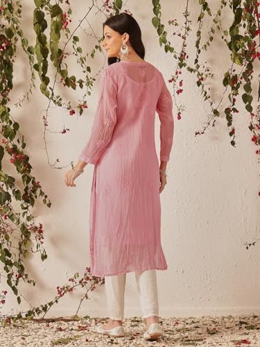 Ada Women's Hand Embroidered Chikankari Cotton Blend Kota Kurta Kurti with Slip A411213 Pink (S)