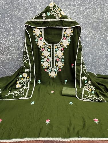 Leeli Peeri Designer Women's Vichitra Silk Embroidery Work Unstitched Salwar Suit Dress Material