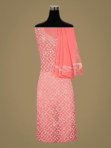 Ada Hand Embroidered Chikankari Georgette Dress Material for Women Peach