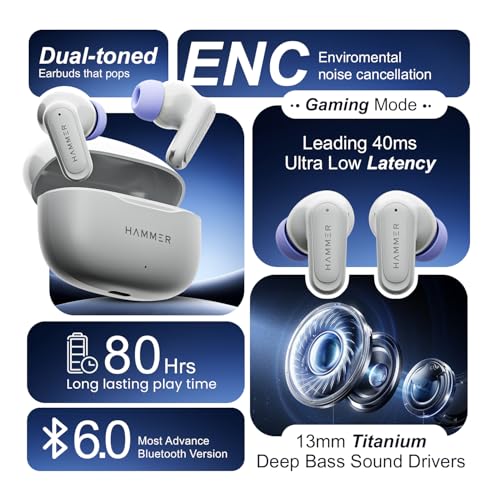 HAMMER Airflow Neo Earbuds with 80H Playtime, 13mm Titanium Driver, 40ms Gaming Mode, Fast Charging Buds, Type-C Charging, Voice Assistant, Lightweight Dual-Tone Design (Grey)