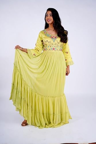 KIYANA'S Women's Georgette Traditional Outfit with Long Boutique Gown with Frills | Full Sleeve with Short Frills, (Size:-L) Olive Green