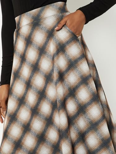 Max Women Checked A-line Midi Skirt (Beige_XXL)
