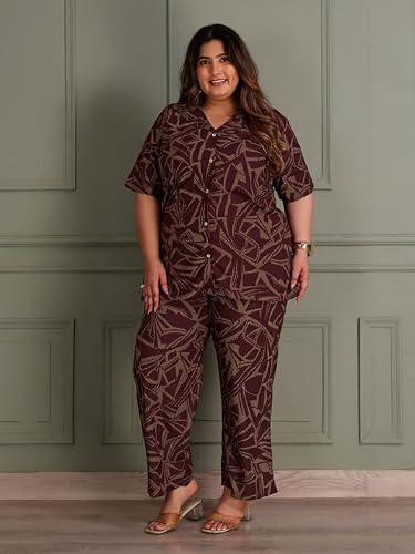 TITTLI Women All-Over Printed Rayon Shirt & Pyjama Nightsuit | Shirt Collar & Short Sleeves | 2 Pockets and Elasticated Waist Pyjama | Comfortable Plus Size Nightsuit Wine