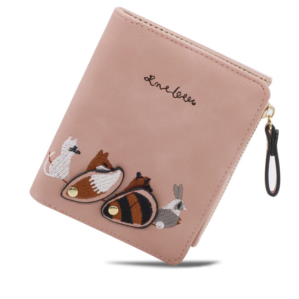 PALAY® Wallets for Women Stylish PU Leather Coins Zipper Pocket Cute Mini Animals Embroidery Short Wallet Card Holder Billfold Purse Wallet Gift for Girls (Pink)