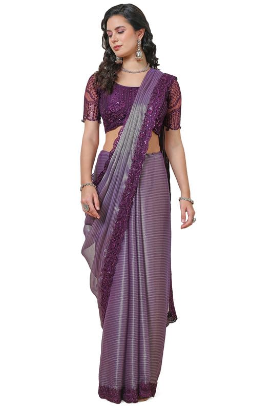 Soch Womens Purple Georgette Striped Saree with Sequins Border