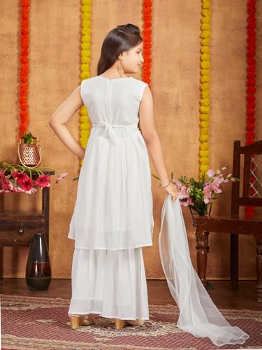 Aarika Girls Ethnic Wear Off White Colour Sequins Zari Embroidery Georgette Kurti Sharara Set (6-16 Years)