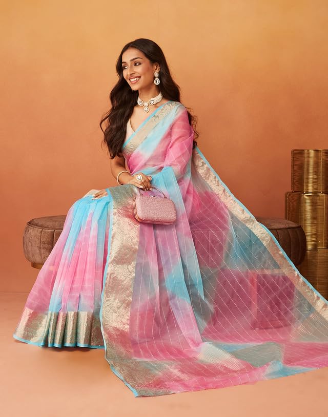 SIRIL Women's Organza Jacquard Saree | Woven Zari Stripe Saree With Unstitched Blouse Piece (3644S429A_Blue & Pink)