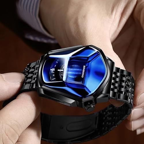 BACHATBAAZZAR—Not a product of our company,Luxury Black Watch for Man, Unique Creative Analog Watch, Stainless Steel Black Tone Strap Quartz Watch with Blue Big Dial, Waterproof Business Men's Fashion Wrist Watch