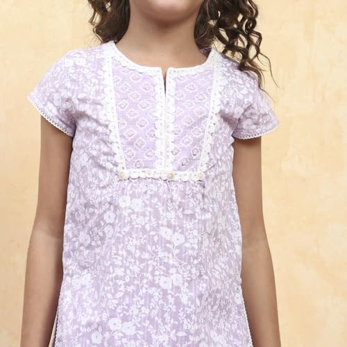 BIBA Girl's Lavender Cotton Straight Printed Kurta Pants Set