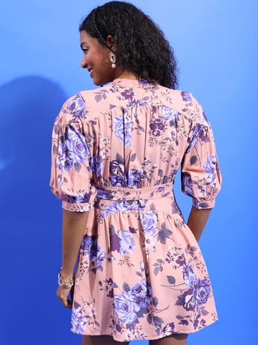 Tokyo Talkies Women Mandarin Neck 3/4 Sleeve Mini Dress TTJ6010875 Pink XL