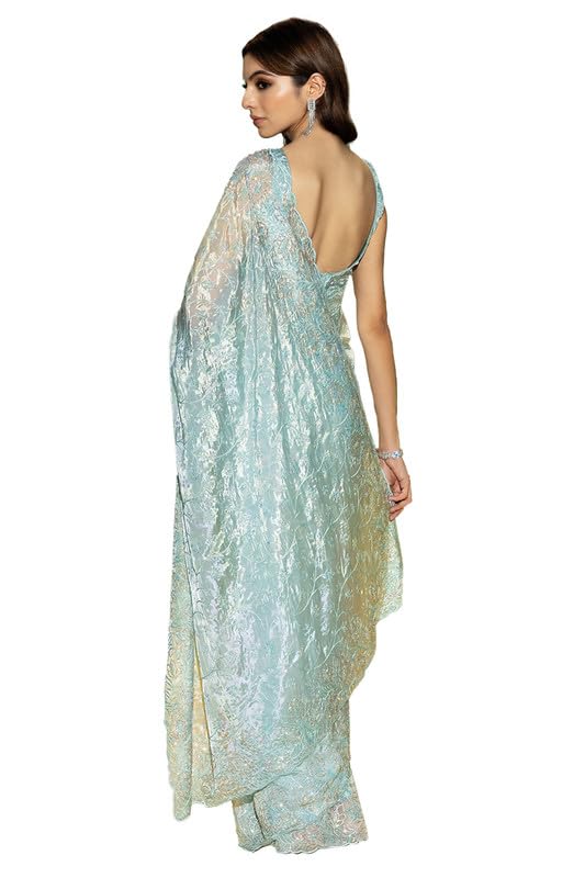 Soch Womens Powder Blue Organza Embroidered Saree With Stones And Sequins