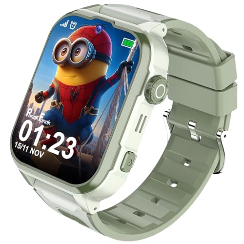 PunnkFunnk Safeguard 5G/4G Kids Smart Watch with SIM Calling, GPS Tracker, Video Call, SOS Alerts, Face Unlock, Games, IP67, 800mAh Battery, Voice Chat, Maps(Olive Green)