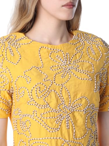 ONLY Women's Self Design Fit and Flare Yellow Dress