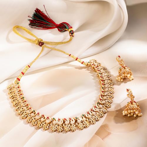 Rubans 22k Gold-Plated Red & Green Stone Studded Handcrafted Traditional Temple Jewellery Set For Women