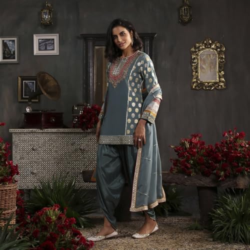 Biba Women's Viscose Kurta Set (SKDBNRSVO30775AW25ERBL_Earthy Blue