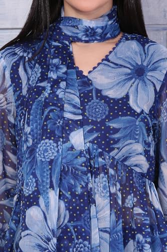 W for Woman Blue Floral Printed Lace Chiffon Straight Kurta, Parallel Pants and Dupatta Set (Size: 3XL)-WS13055-126479