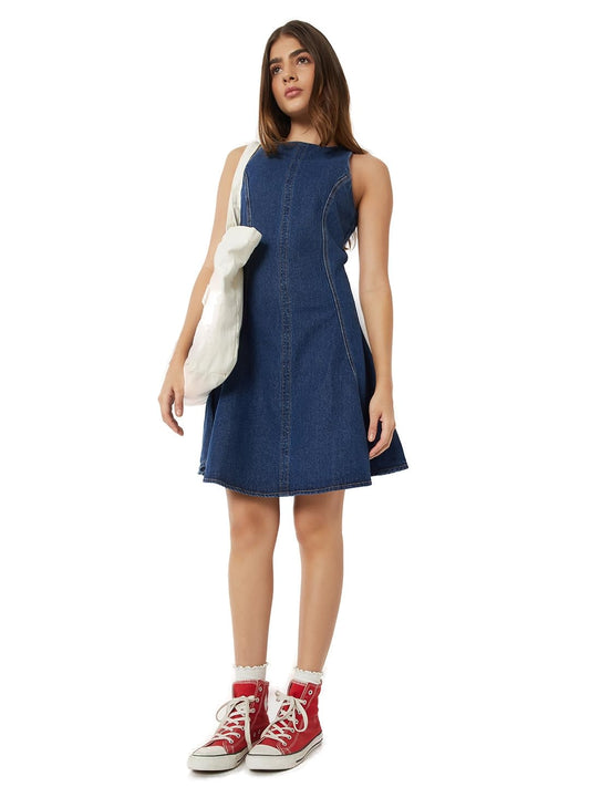 Max Women Solid A-line Dress(Blue_L)