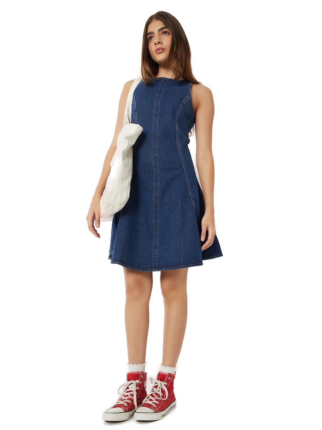 Max Women Solid A-line Dress(Blue_L)