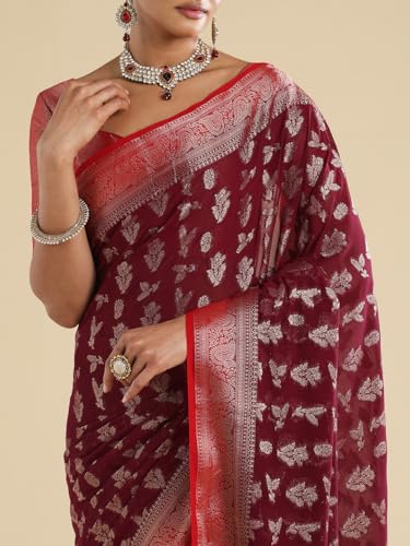 AKHILAM Women's Maroon Georgette Floral Printed Saree With Unstitched Blouse Piece (66ALEKHA6601_NV)