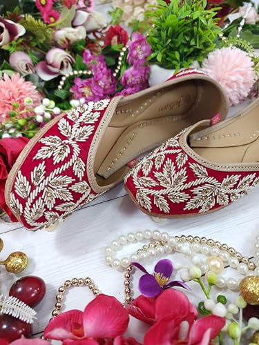 Fulkari Women Iris Velvet Magenta Gold Formal Genuine Soft Leather Jutis | Bite and Pinch Free Juttis | Punjabi Jutti | Girl's Wedding Flat Ladies Mojari Ethnic Juti | 42