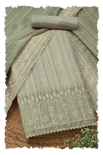 Soch Womens Olive Art Tussar Digital Print Unstitch Dress Material With Thread Work