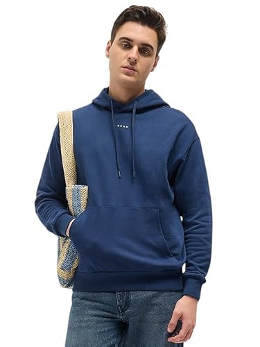 THE BEAR HOUSE Men's Navy Blue Solid Relax Fit Hoodie