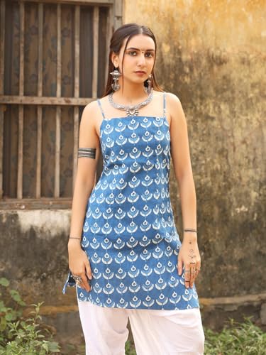 Nishorama Maahi Sleeveless Corset Back Kurti, Cobalt Blue with Block Print, Square Neckline (in, Alpha, M, Blue)